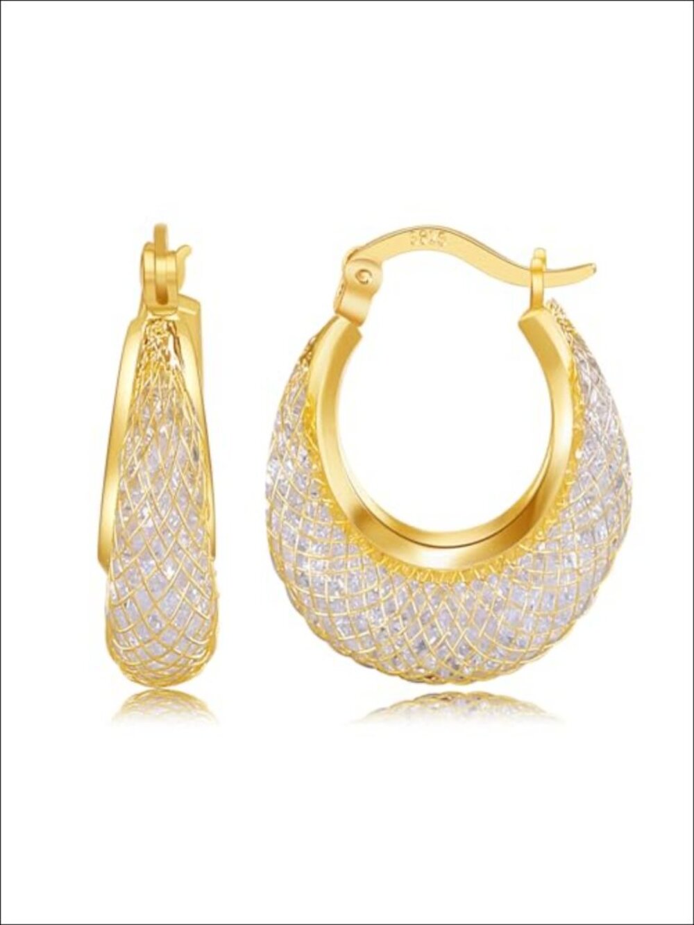14k Gold Plated Mesh Hoop Earrings Cubic Zirconia Sterling Silver Post